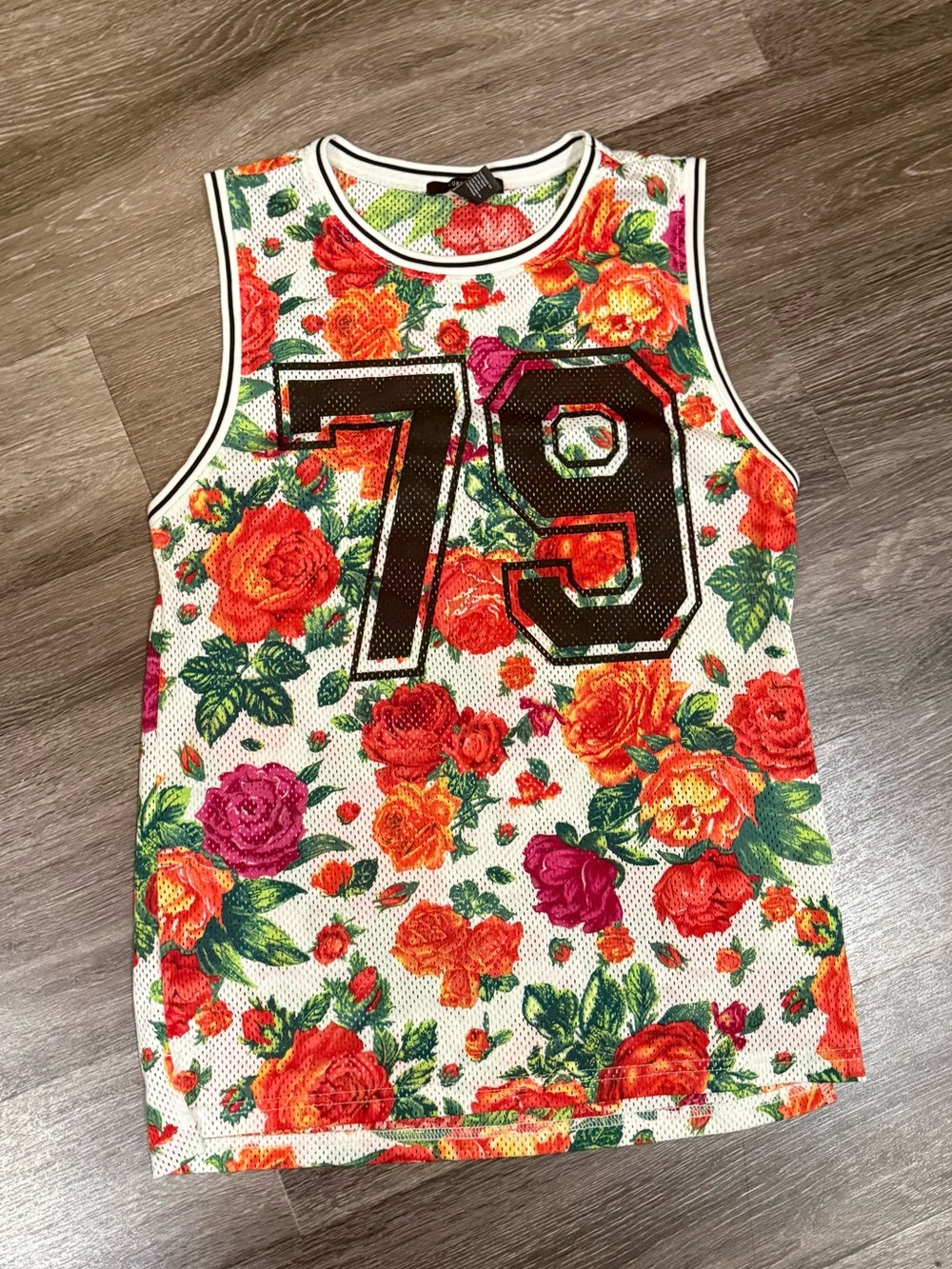 Forever 21 White Floral Mesh Jersey with Black Number 79
